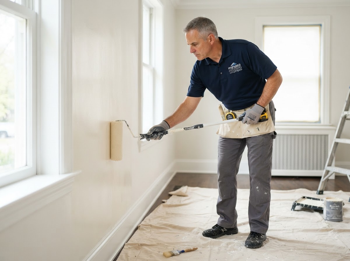 Professional painter rolling fresh paint onto an interior wall in a Lewisville, TX home