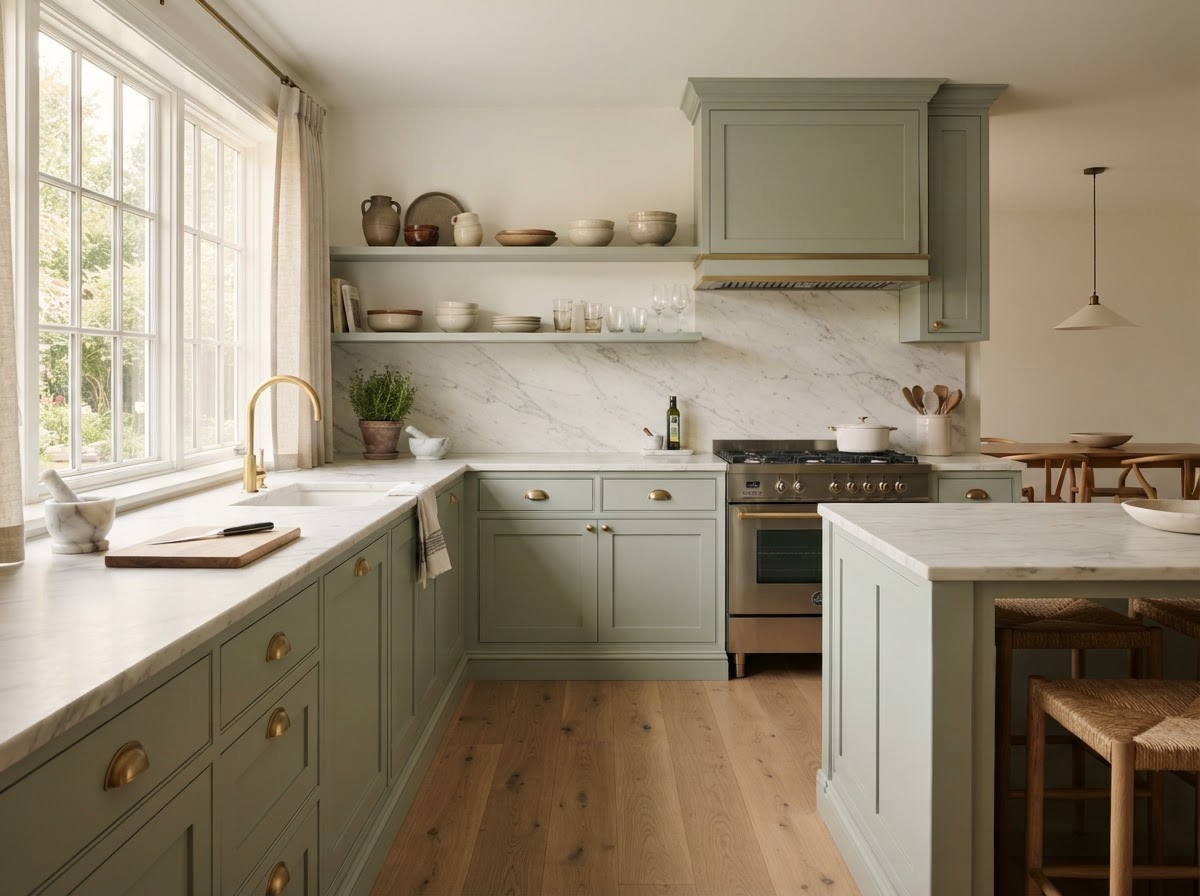 Beautifully refinished kitchen cabinets in sage green with brass hardware in a DFW home