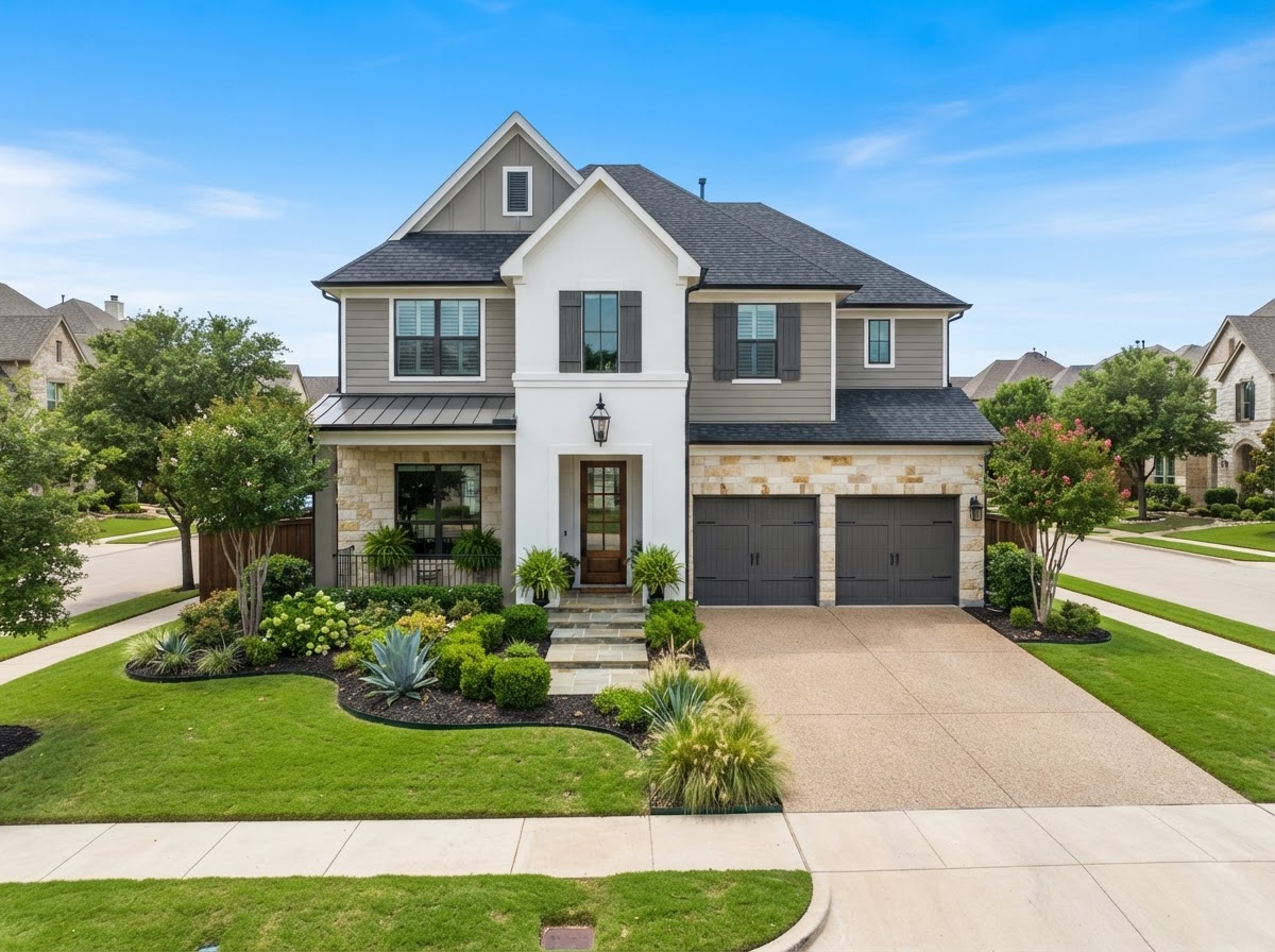 Freshly painted two-story suburban home exterior in the Dallas-Fort Worth area
