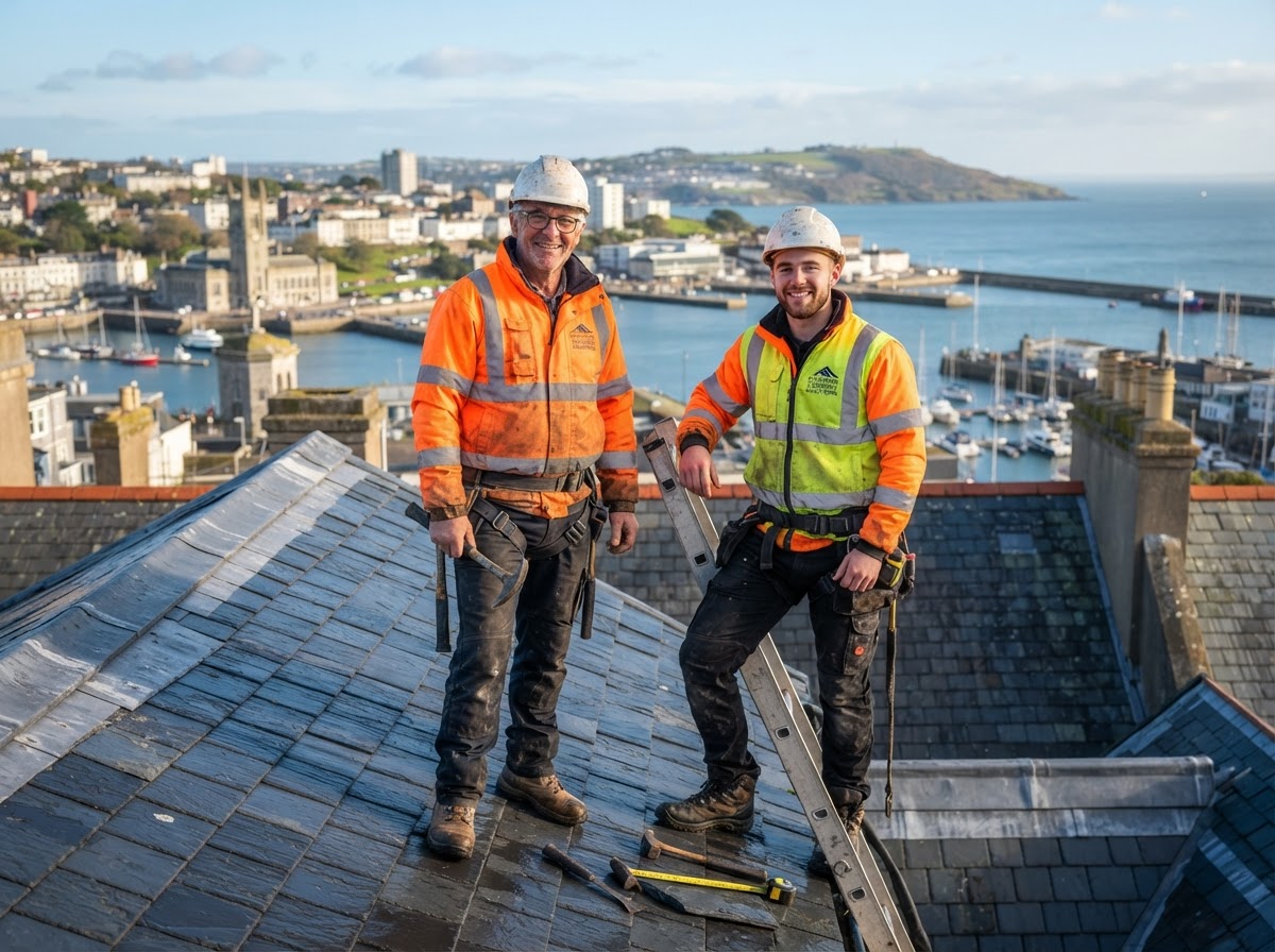 Shaun and his son working on a slate roof in Truro