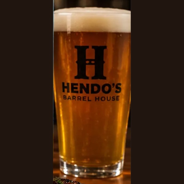 Cold craft beer in Hendo's Barrel House branded pint glass
