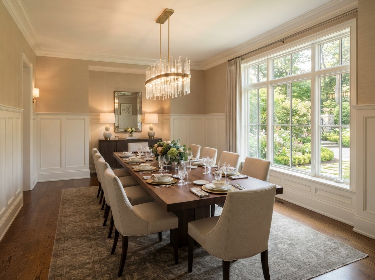Elegant dining room with wooden table and modern chandelier