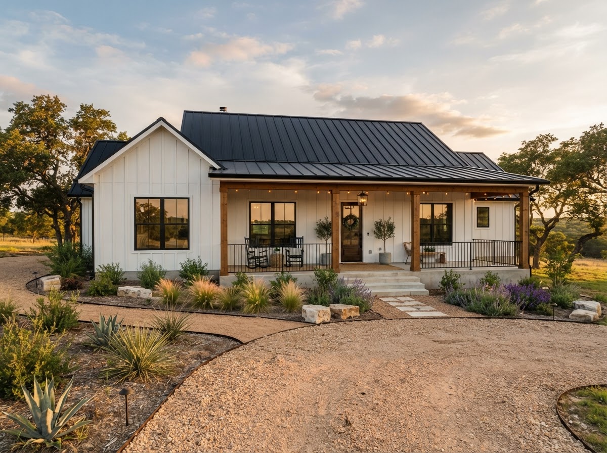 Modern farmhouse exterior with white siding and black metal roof