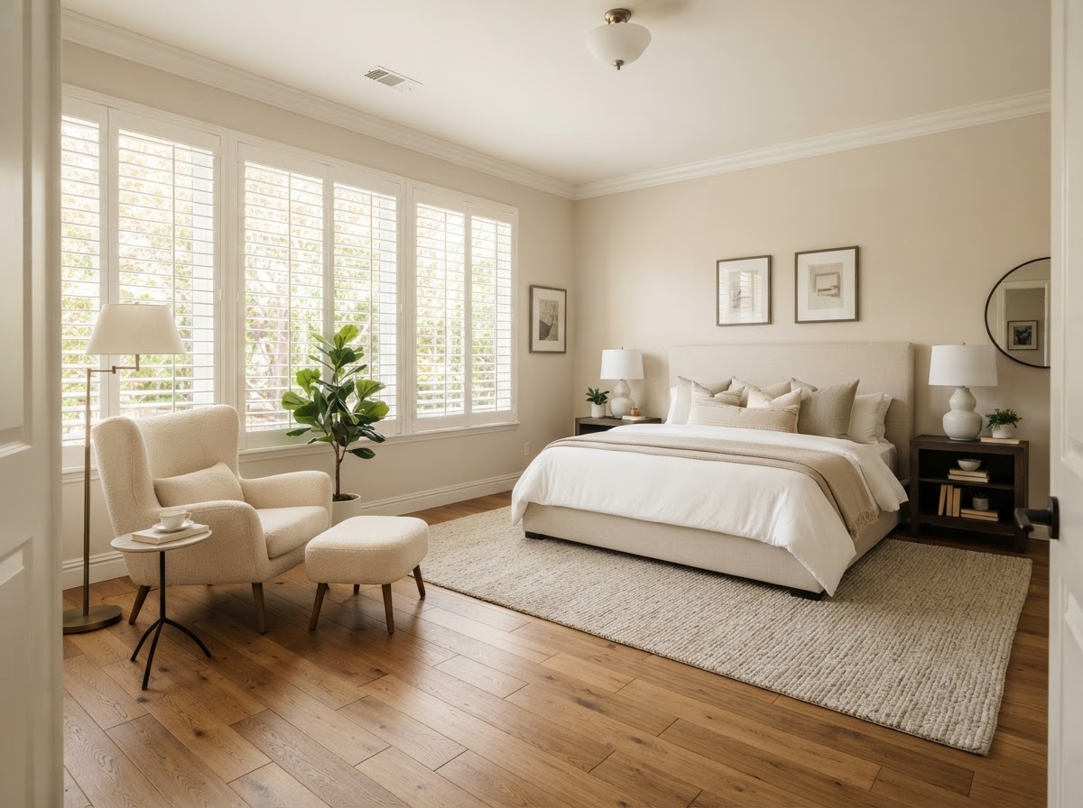 Master bedroom with large bed, plantation shutters and reading nook