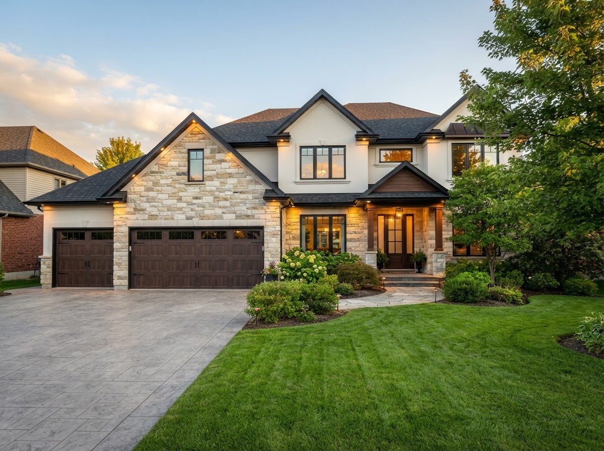 Modern two-story suburban family home exterior at golden hour