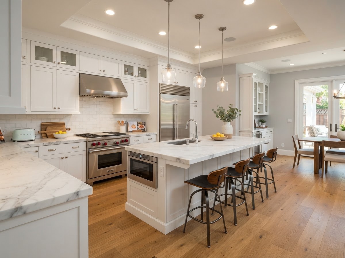 Modern kitchen with white cabinets, marble countertops and island
