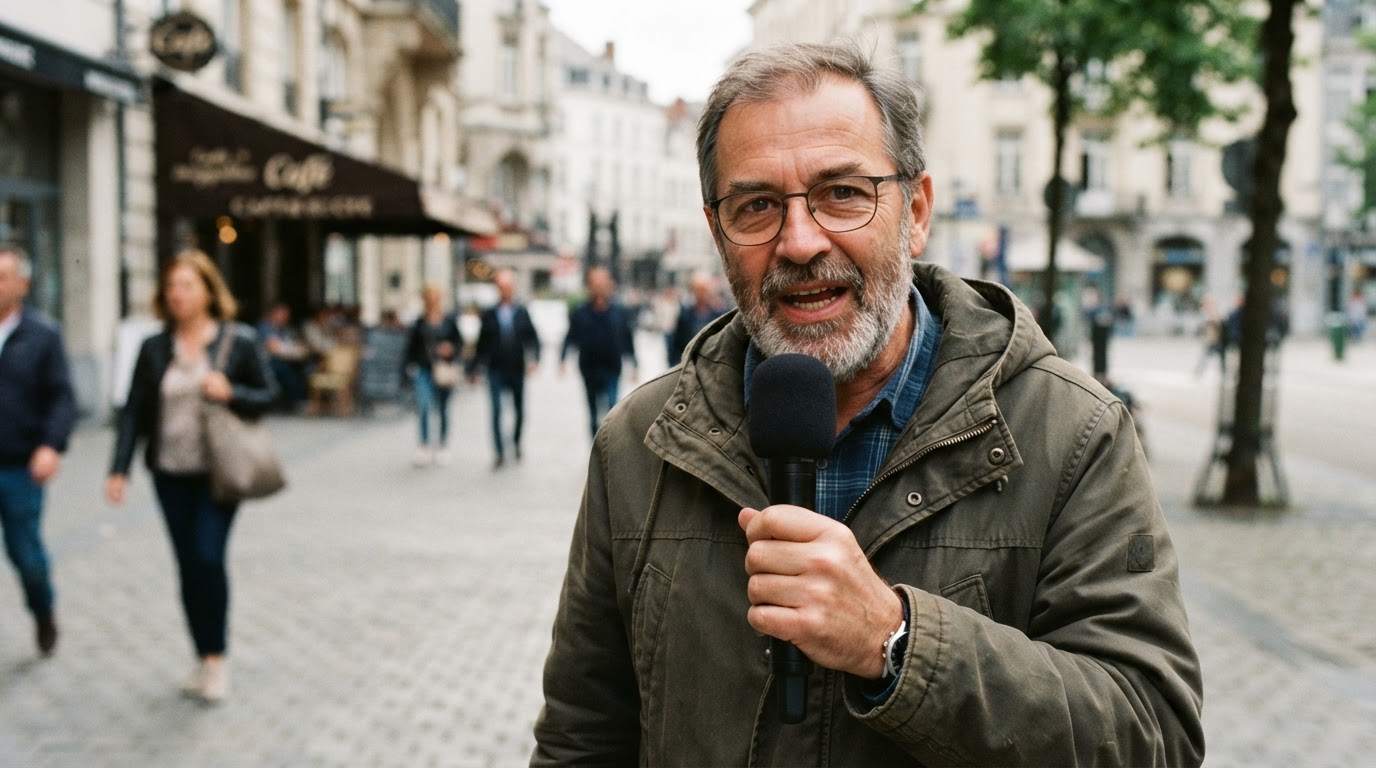 Mature bearded man in glasses giving a street interview to a journalist