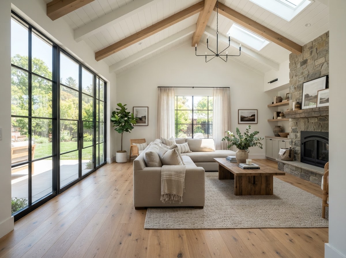 Bright modern living room with natural light and vaulted ceiling