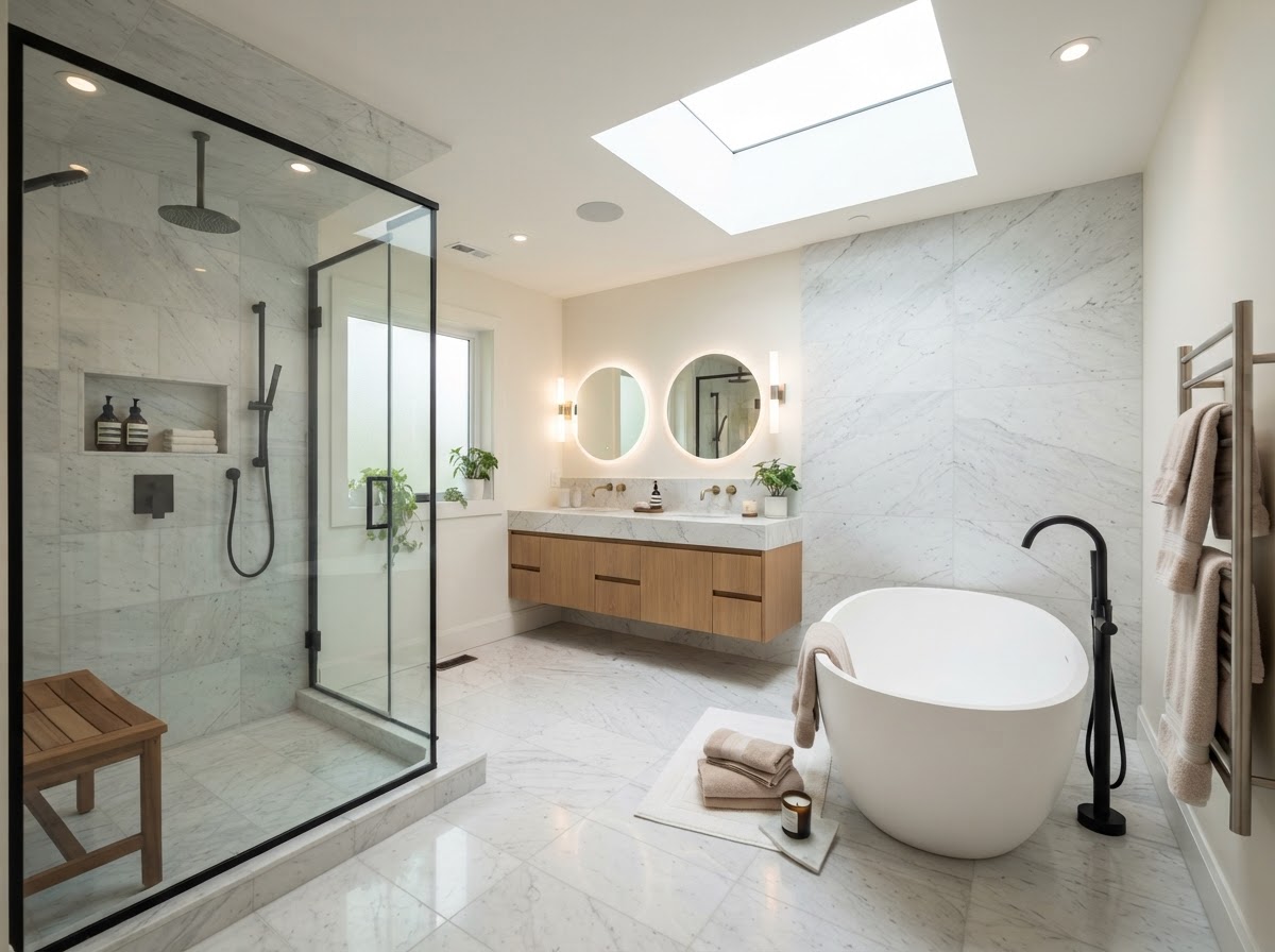 Luxurious modern bathroom with freestanding tub and marble tile