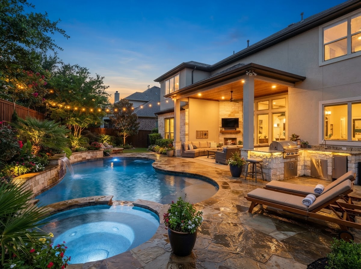 Backyard with covered patio, outdoor kitchen and swimming pool