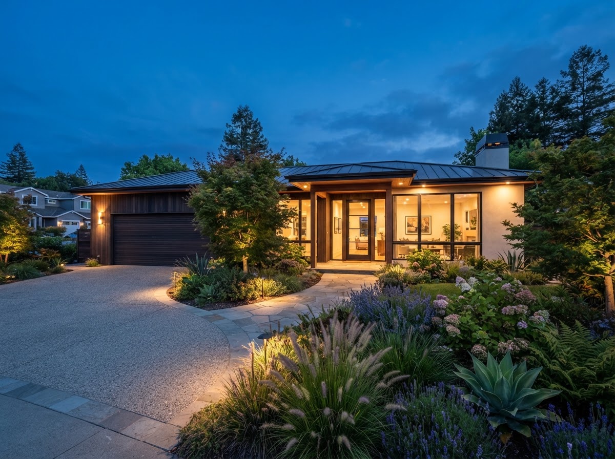 Contemporary single-story ranch home exterior at twilight