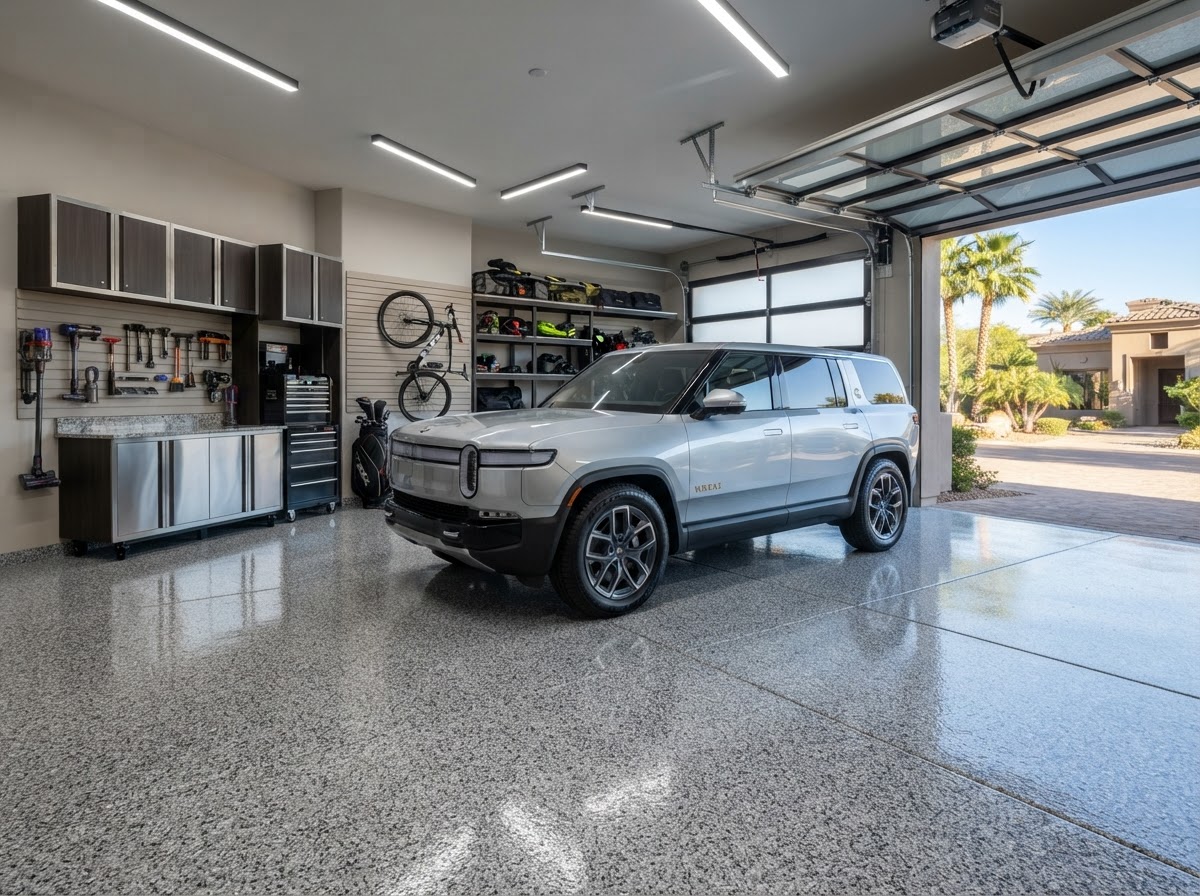 Finished speckled multi-color flake epoxy garage floor with a glossy clear topcoat and a parked vehicle, installed by a garage flooring contractor in Scottsdale, AZ