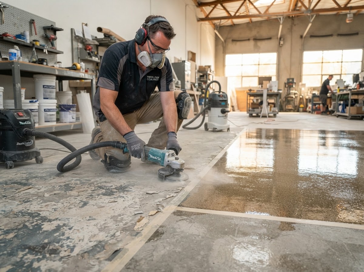 Contractor using a floor grinder to resurface a worn, peeling concrete floor before applying a fresh epoxy recoat in Scottsdale, AZ