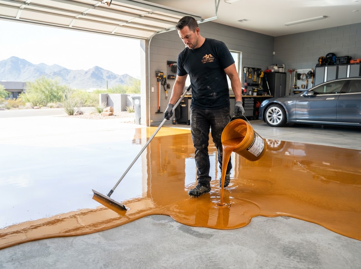 Contractor pouring and spreading glossy clear resin coating onto a bare concrete garage floor with a squeegee during professional epoxy flooring installation in Scottsdale, AZ