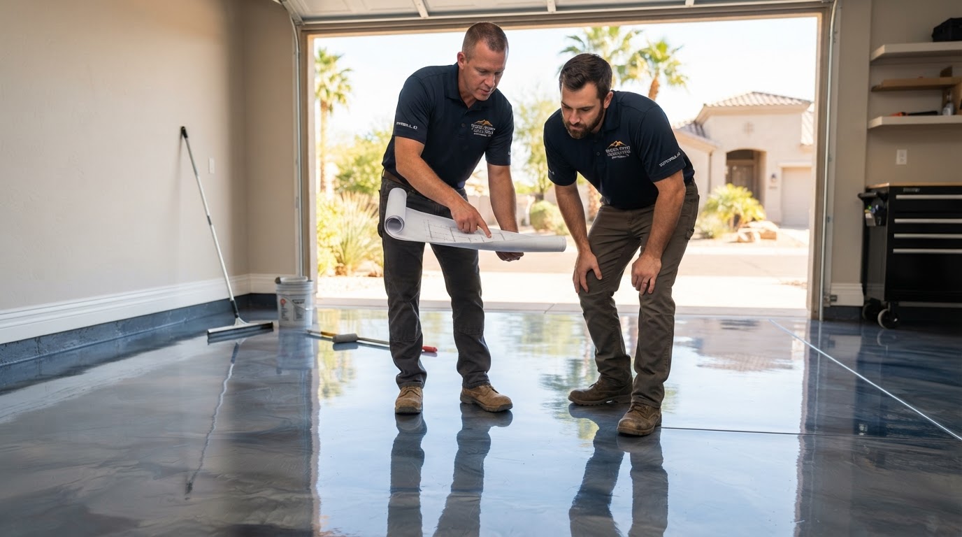 Two epoxy flooring contractors inspecting a freshly coated glossy concrete floor at a completed installation in Scottsdale, AZ