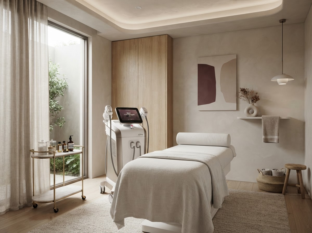 A serene modern med spa treatment room with a luxury body contouring device
