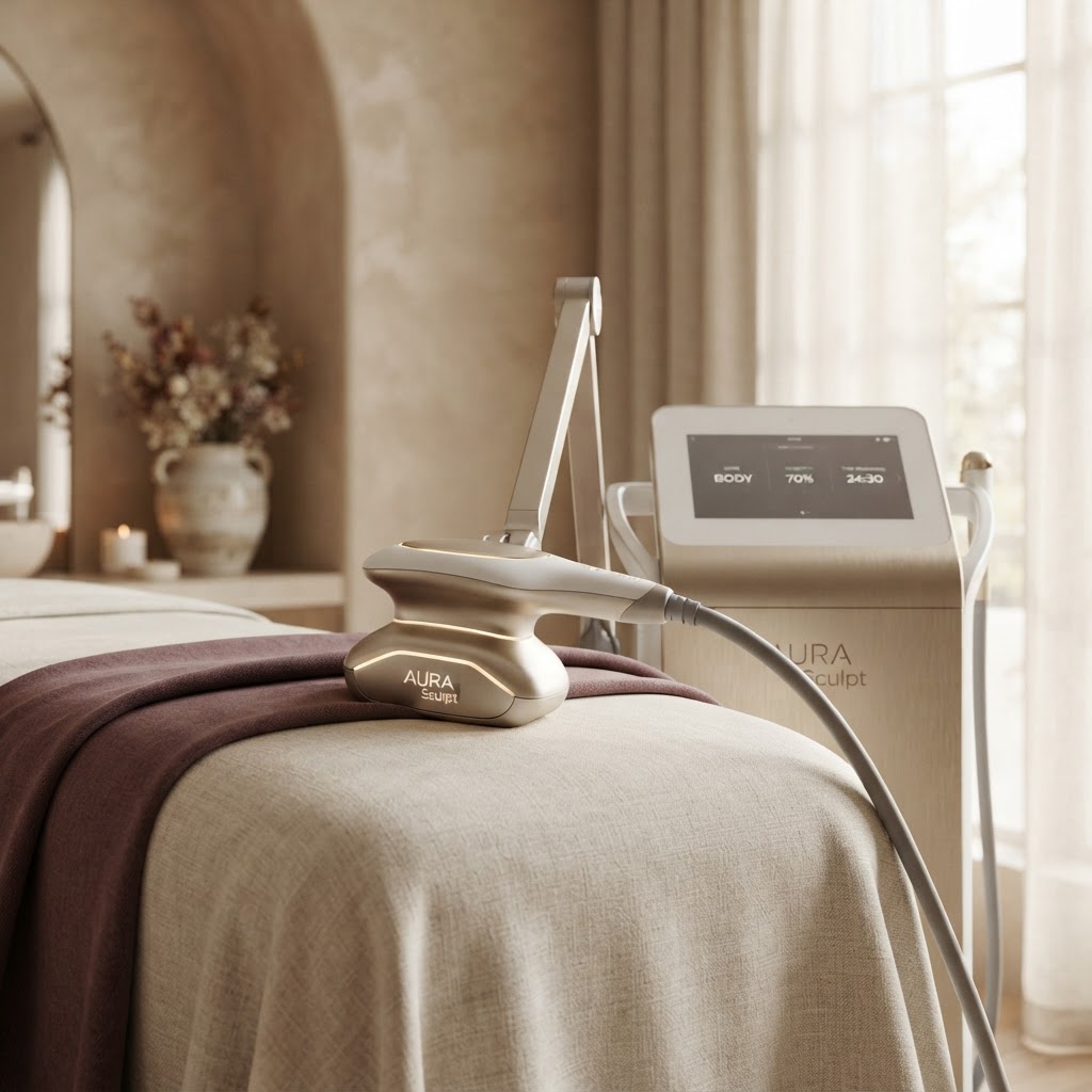 A luxury body contouring treatment device in a high-end med spa