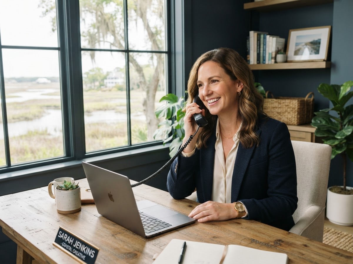 Small business owner answering a phone in a coastal Georgia office