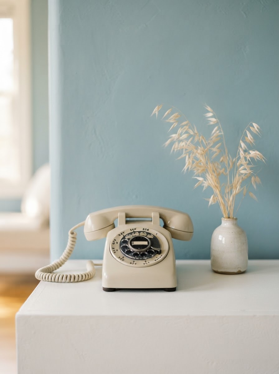 A classic desk telephone with a coastal blue background
