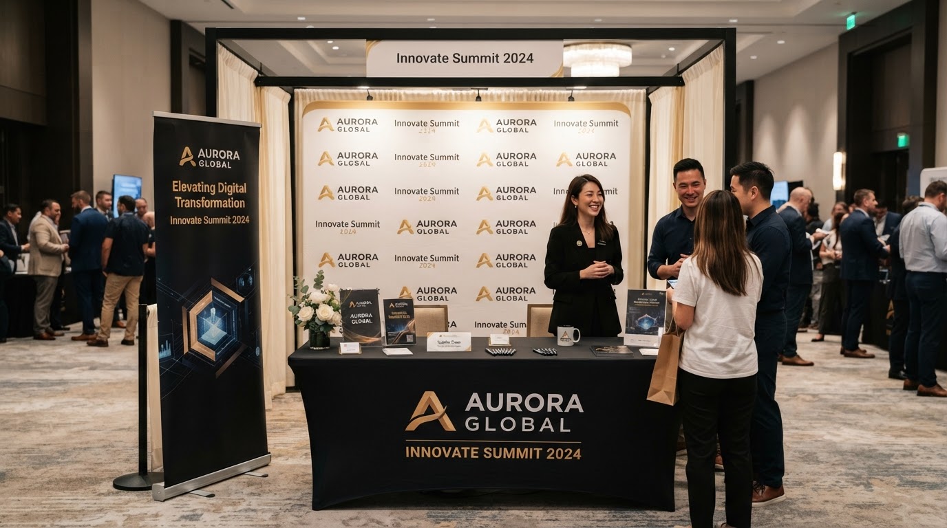 Professionally branded event vendor booth with banners, table cover, step-and-repeat backdrop, business cards and branded merchandise