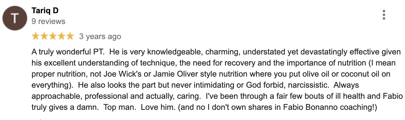 Tariq D verified Google review for Fabio Bonanno