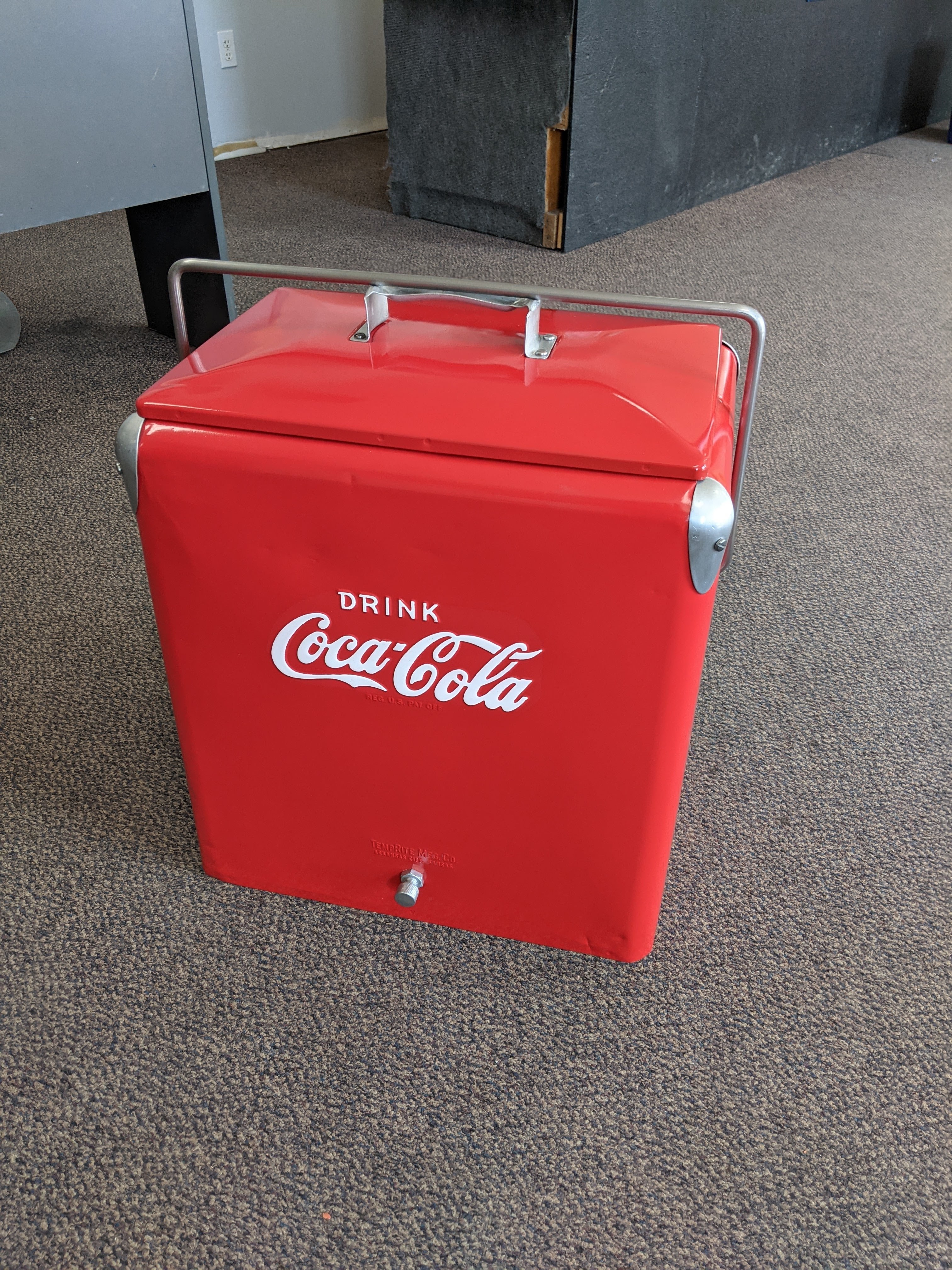 Restored vintage Coca-Cola metal cooler with high gloss red finish