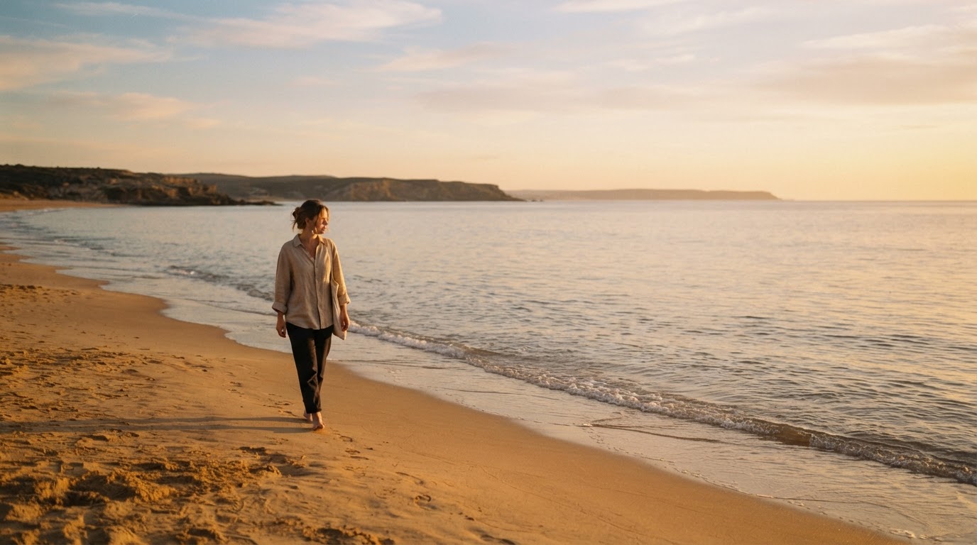 A woman walking thoughtfully along a calm shoreline at golden hour