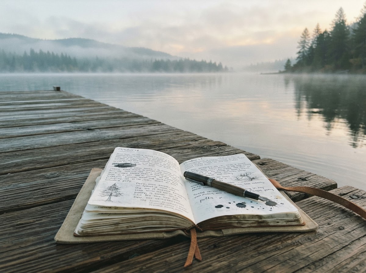 An open journal and pen on a waterside dock at dawn
