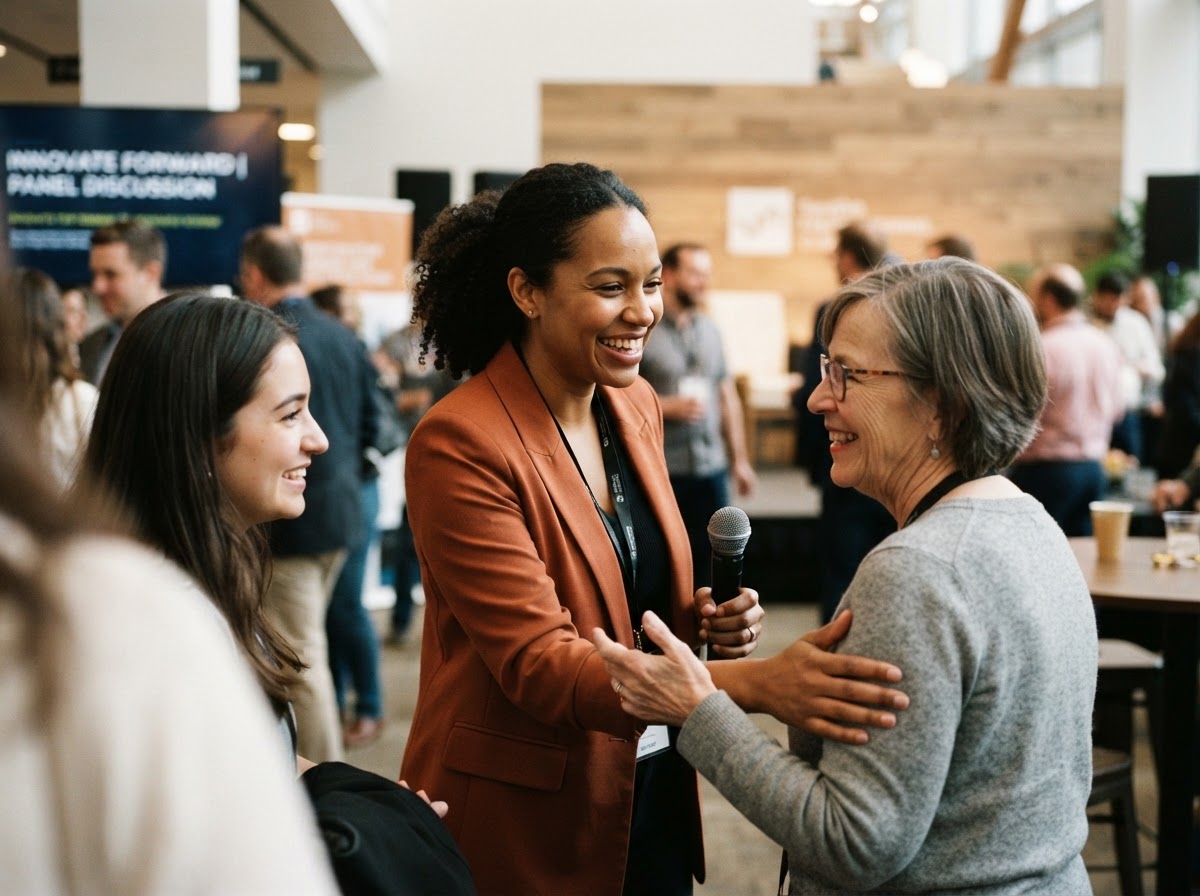 Dr. Laura Fleetwood in conversation with audience members after a talk