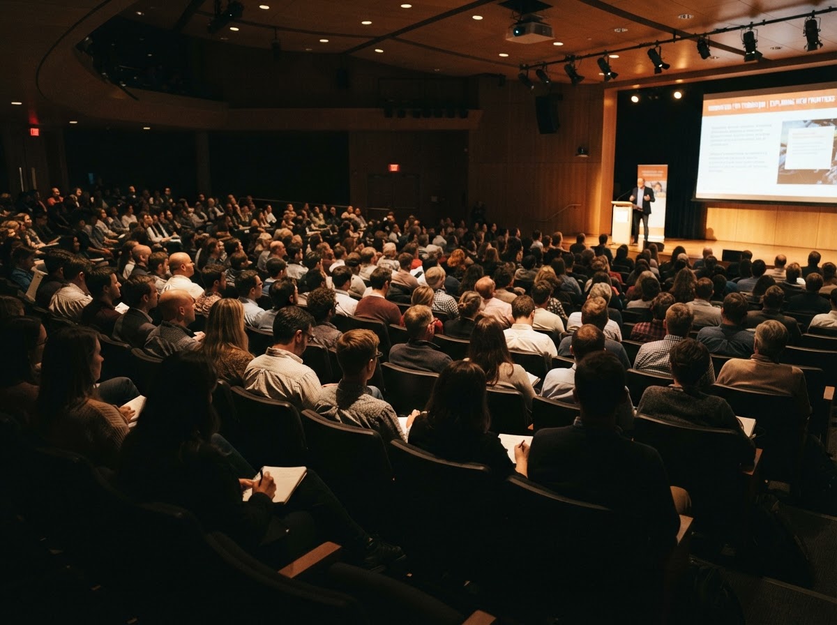 A wide view of an attentive audience listening to Dr. Laura Fleetwood