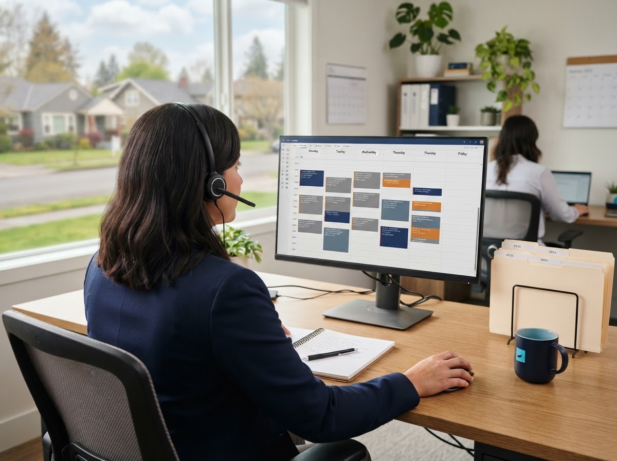 Property management business development office with scheduled calendar appointments for rental property owners
