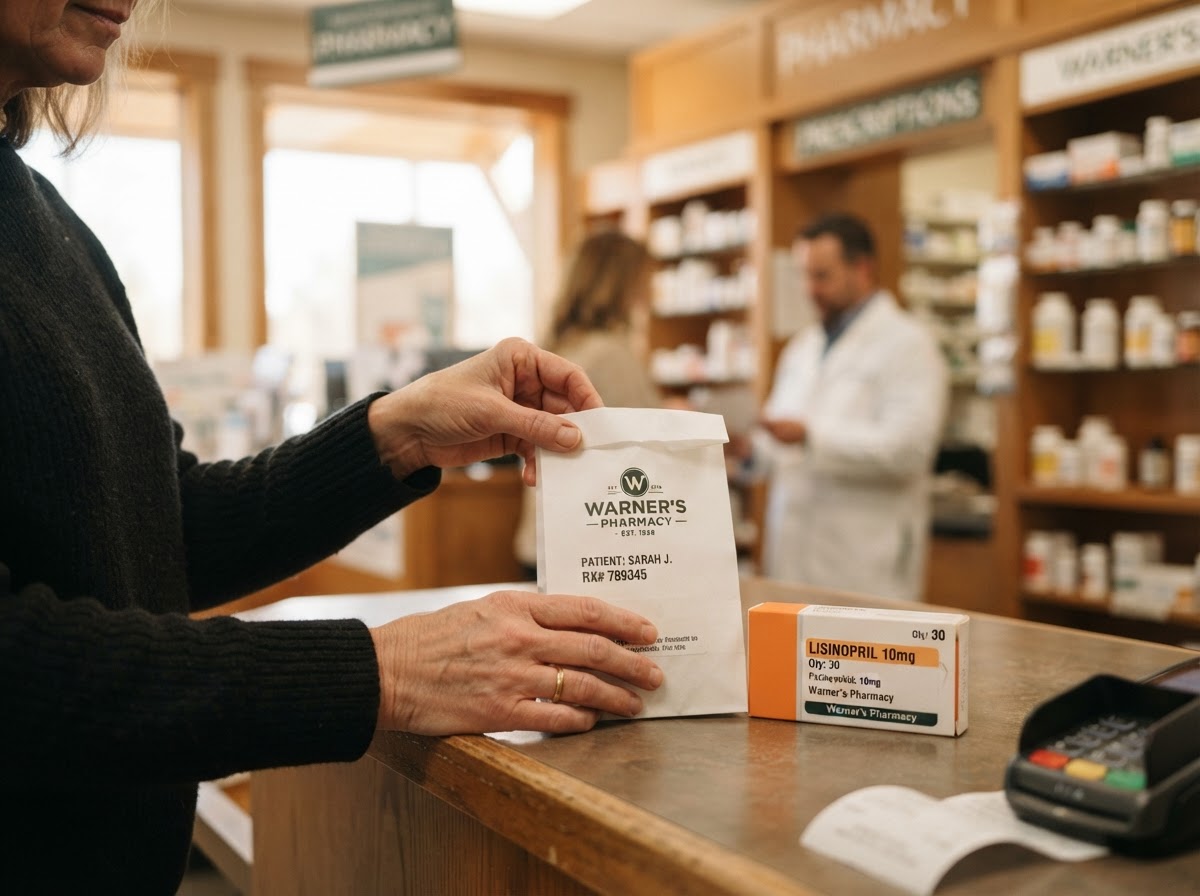 Patient picking up a prescription medication bag at a pharmacy counter