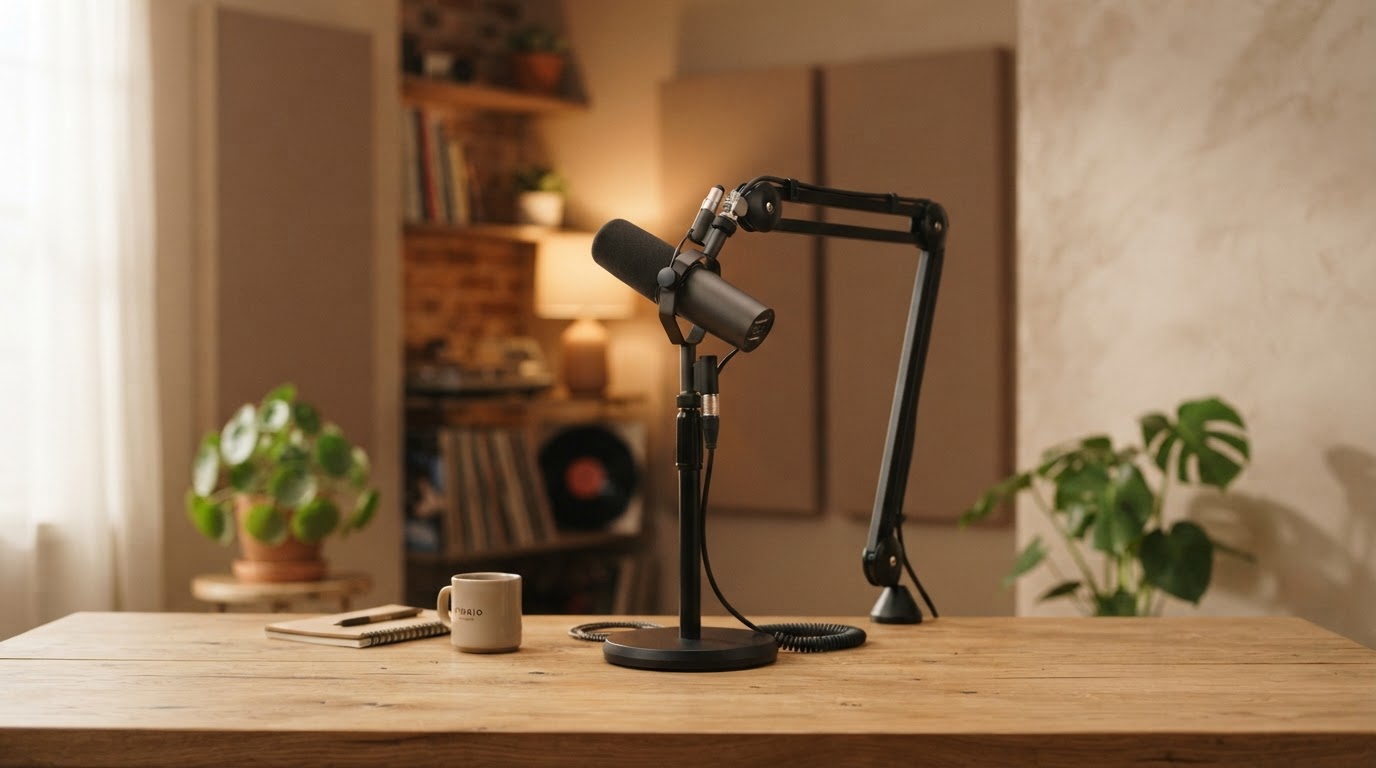 Professional studio microphone during a podcast recording on women's healthcare