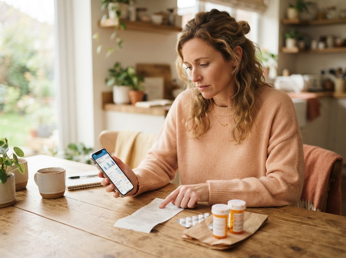 Woman comparing pharmacy medication prices on a receipt and her phone