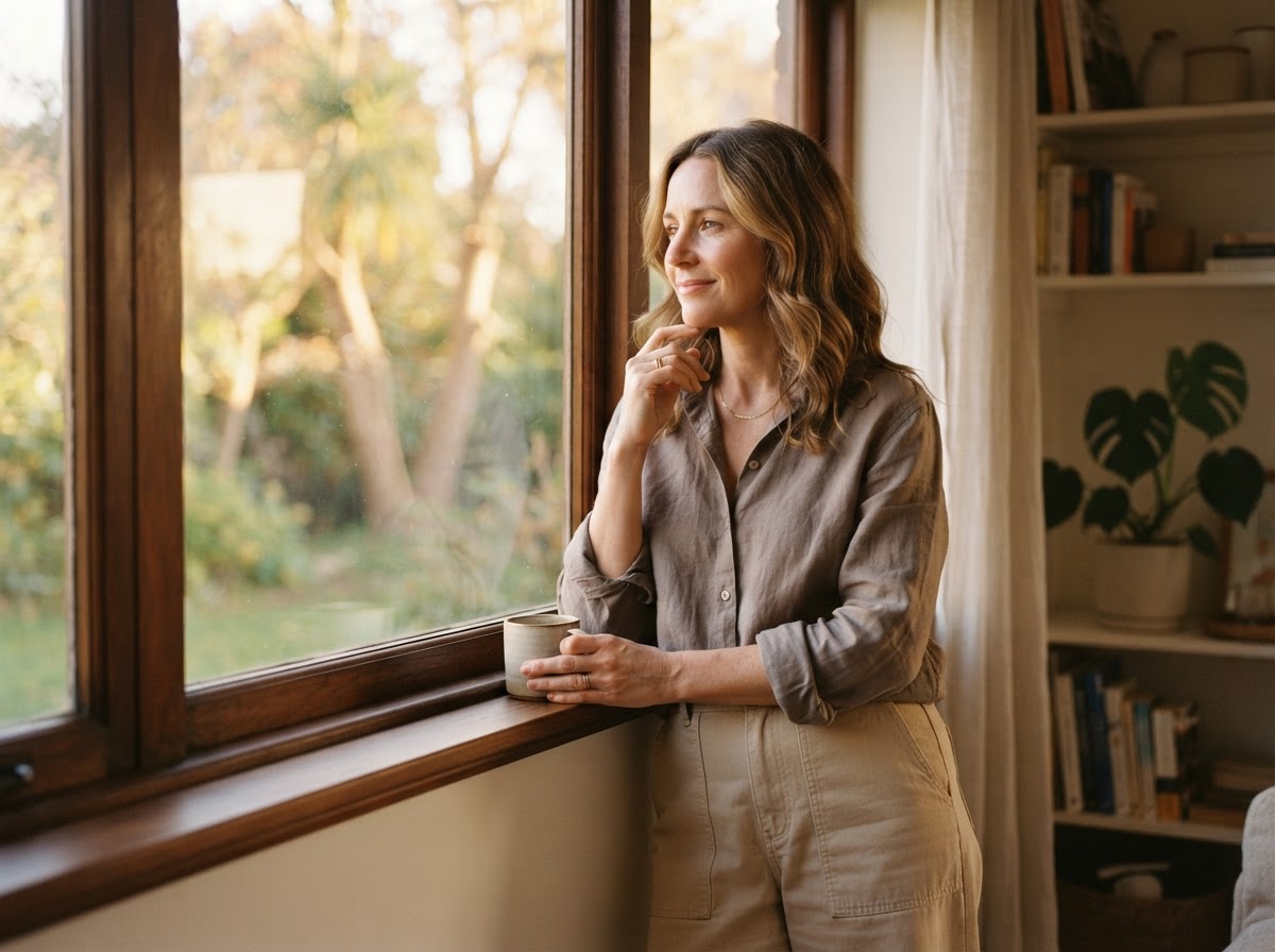 Woman in her early 40s standing thoughtfully by a sunlit window during perimenopause