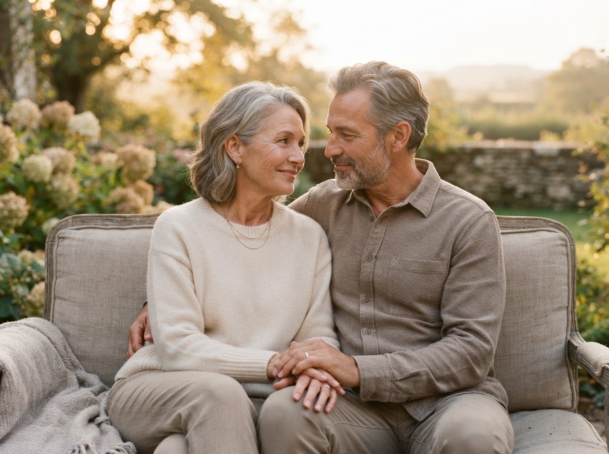 Mature couple sharing a warm, connected moment during the menopausal transition