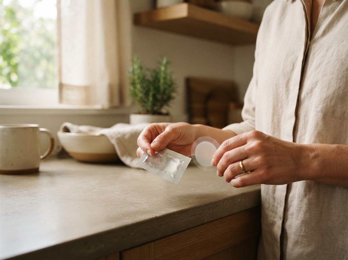 Woman holding an estradiol gel packet and hormone patch, considering a formulation switch