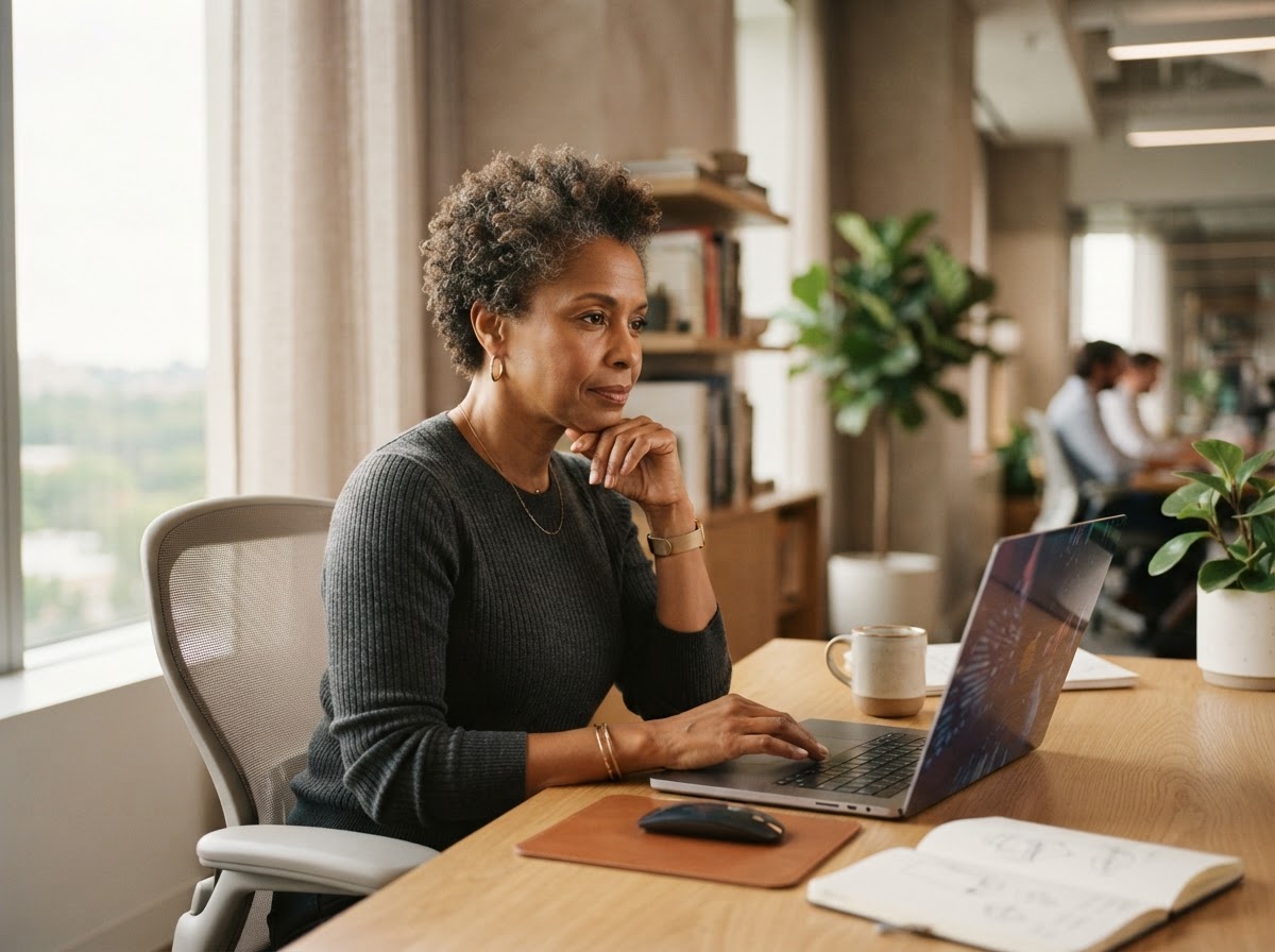 Black woman in her early 50s working thoughtfully at her office desk