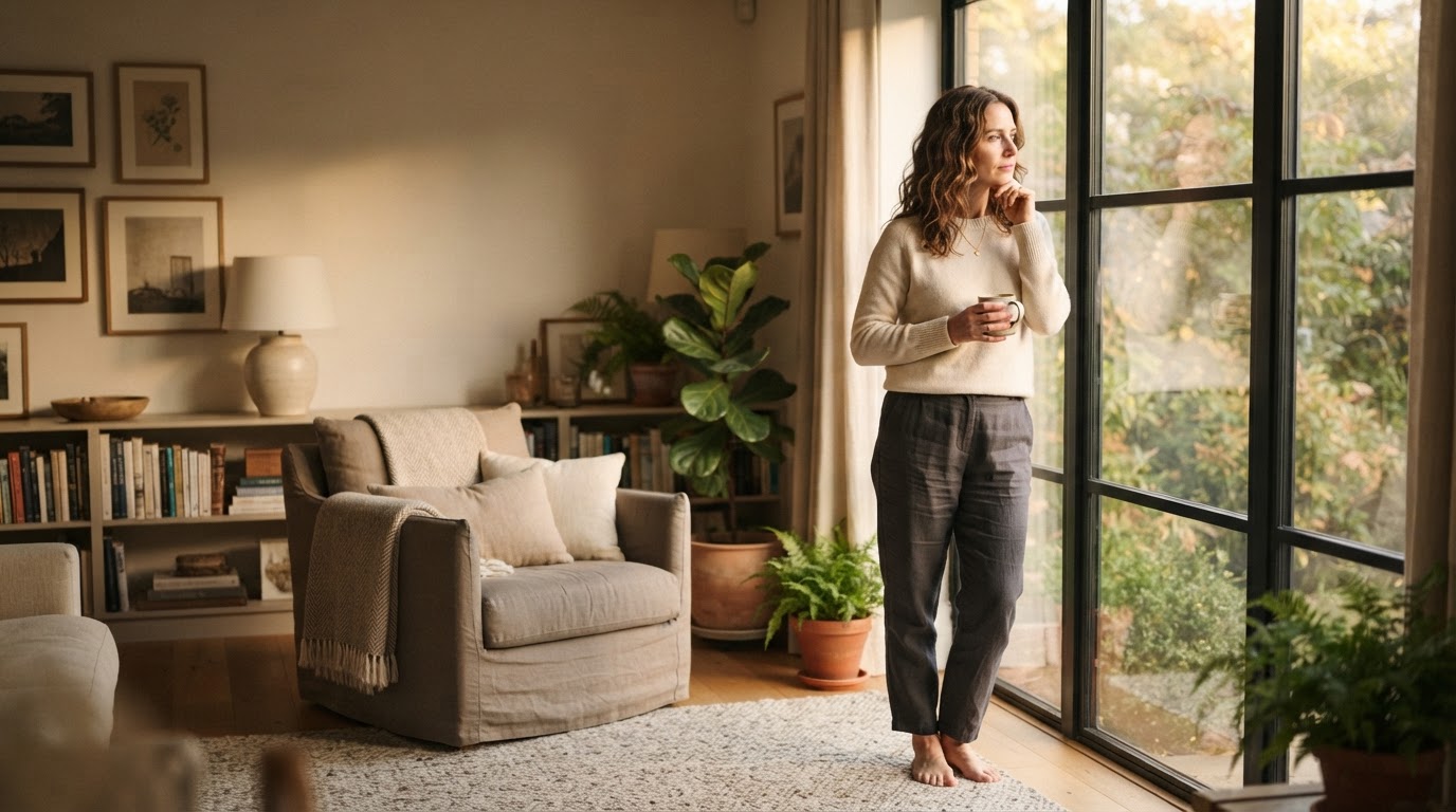 Woman in her early 40s standing thoughtfully by a sunlit window during perimenopause