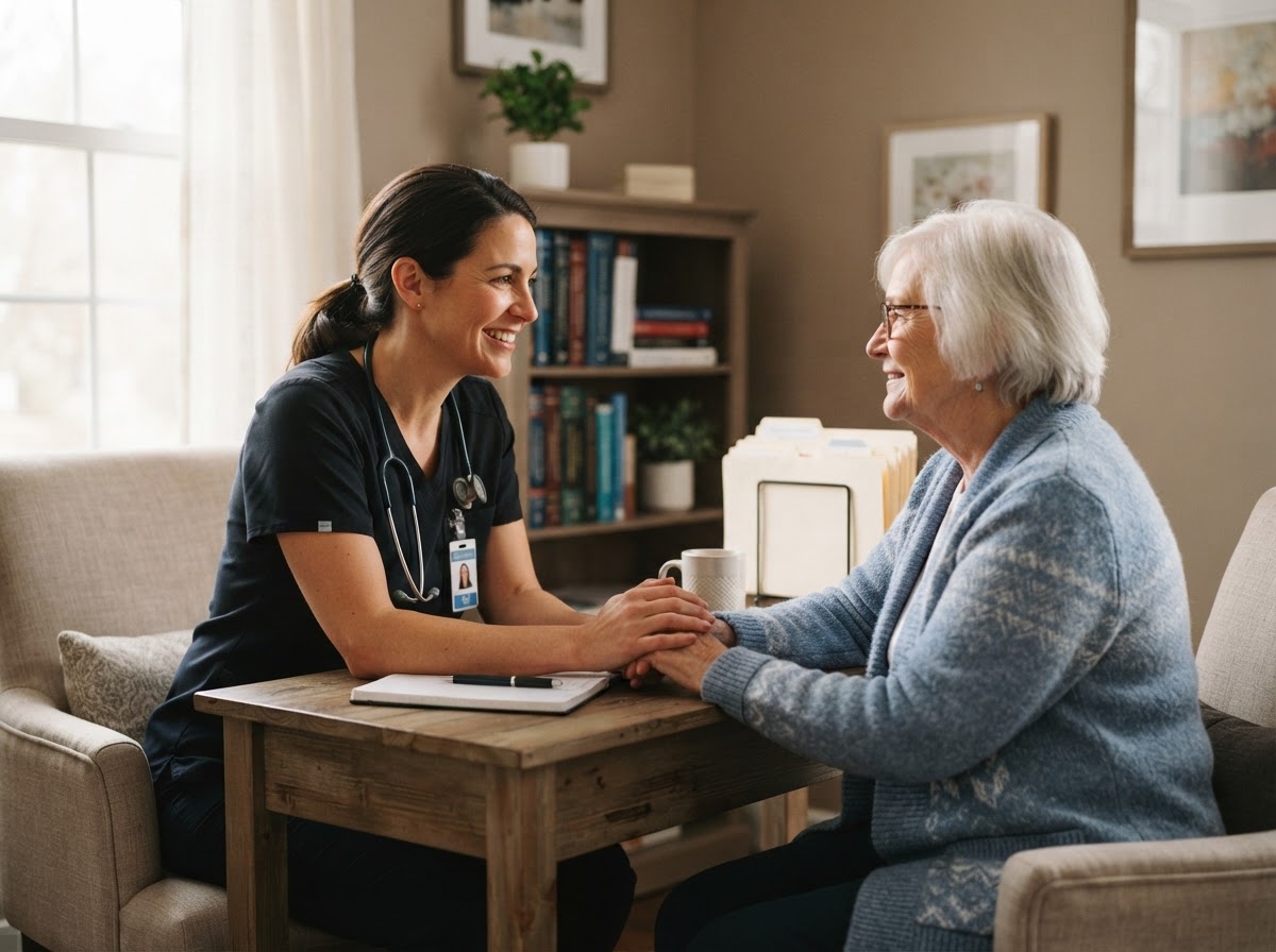 Nurse practitioner having a caring conversation with a patient about their treatment plan