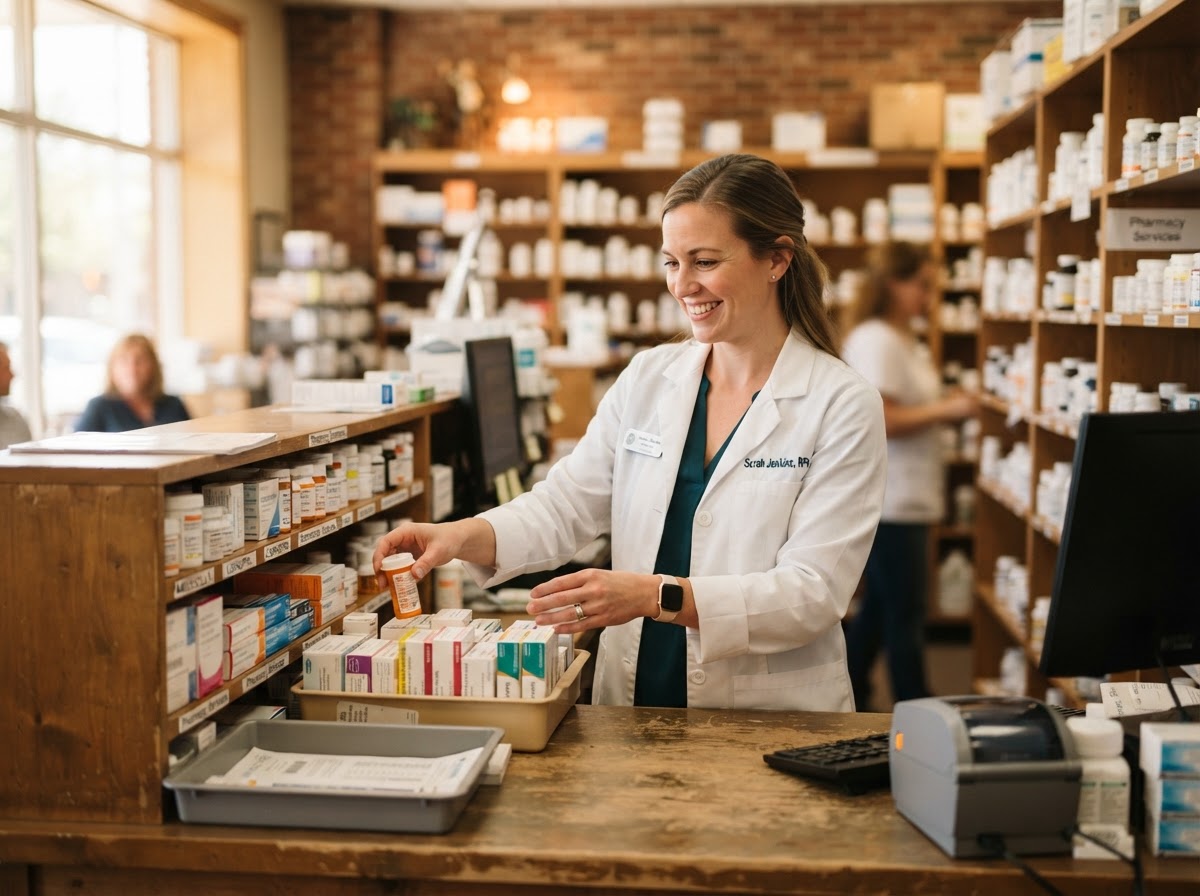 Friendly pharmacist organizing prescription hormone medication at an independent pharmacy counter