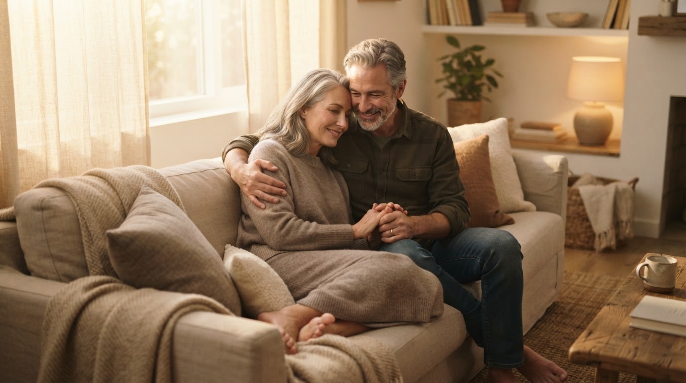 Mature couple sharing a warm, connected moment during the menopausal transition