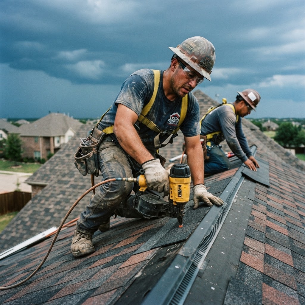 Roofing crew installing shingles on a North Texas home