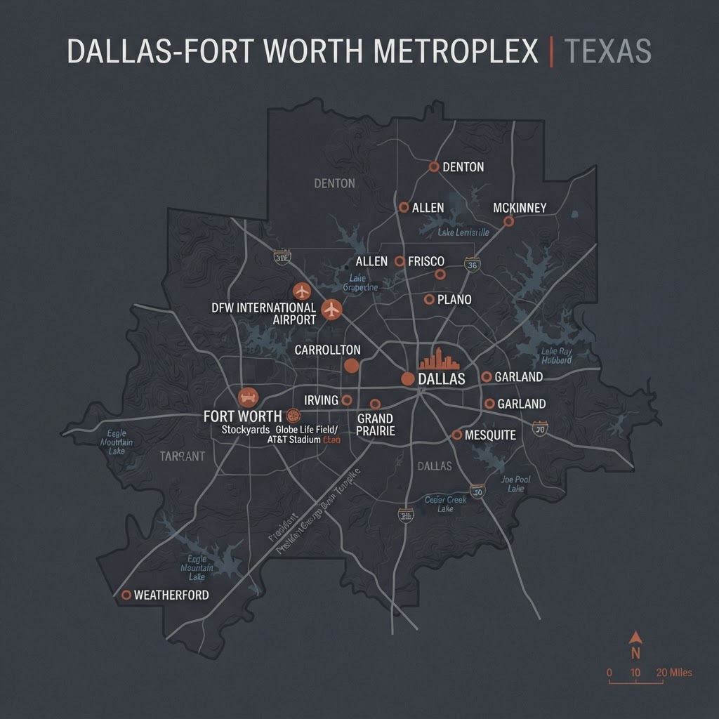 Map of the Dallas–Fort Worth Metroplex service area
