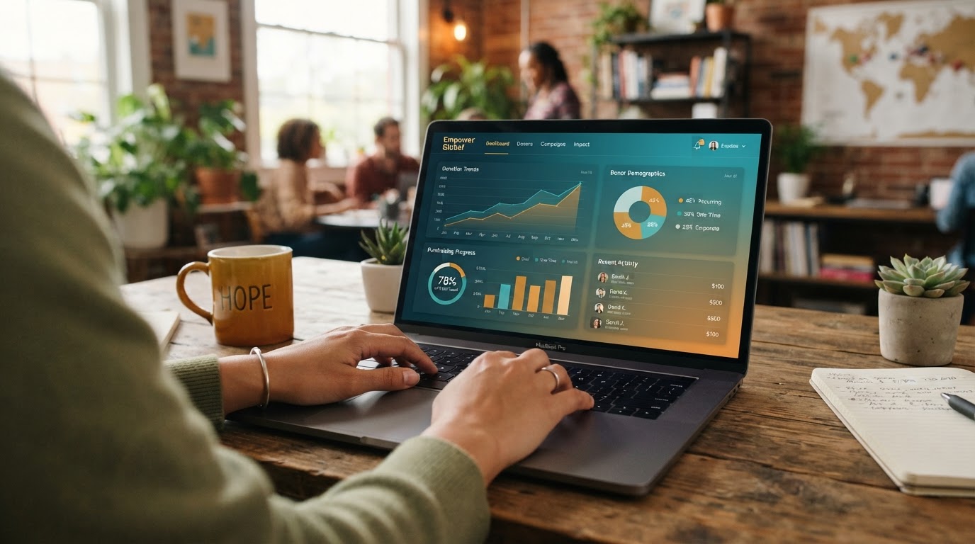 A close-up of hands typing on a laptop showing a nonprofit CRM dashboard with donor charts