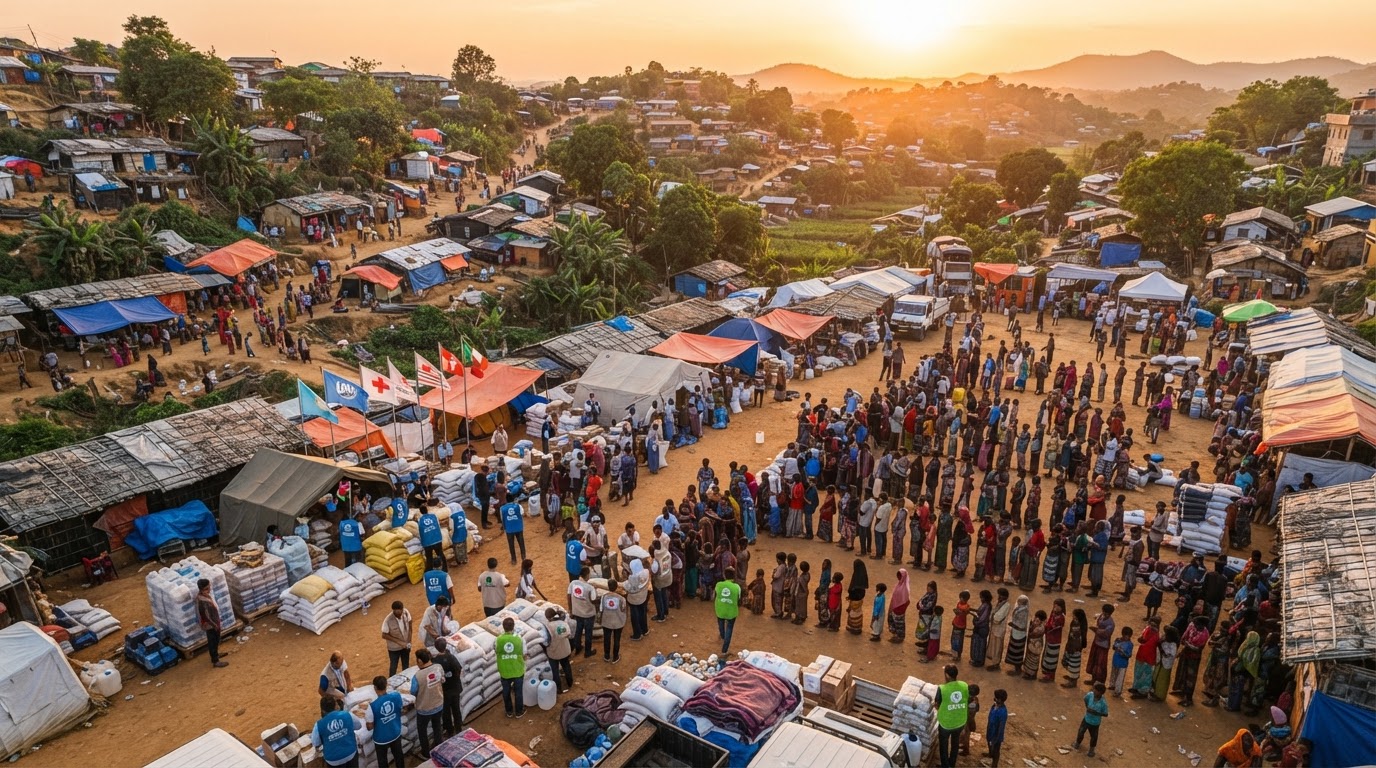 An international NGO team using digital tools on laptops in a community setting