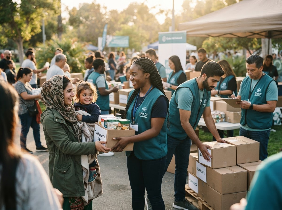 Humanitarian volunteers delivering aid