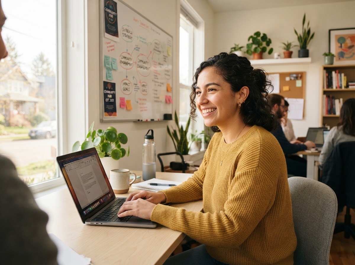A nonprofit founder using a laptop to preview her organization's new website
