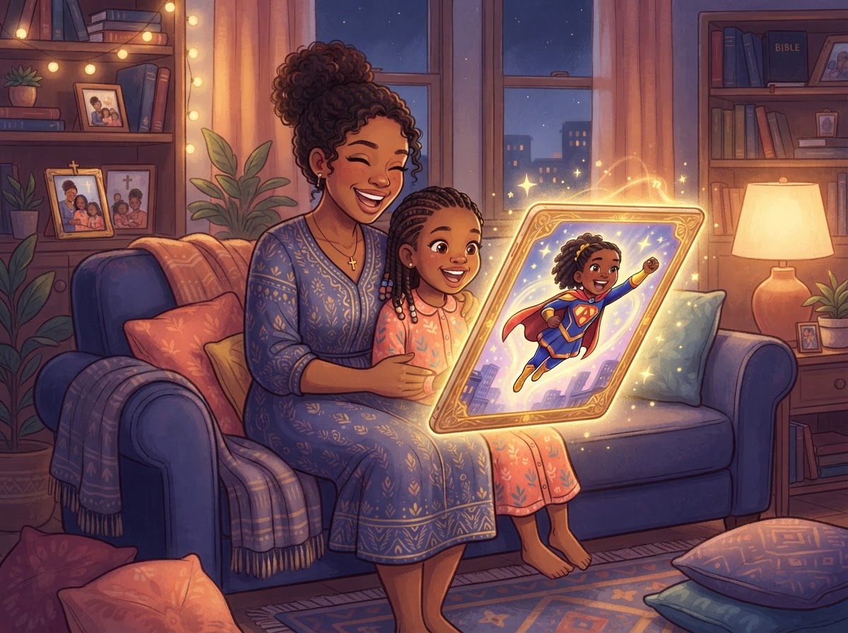 Parent and child watching a personalized cartoon together