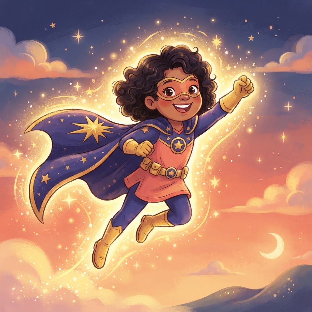 A cheerful cartoon child superhero character
